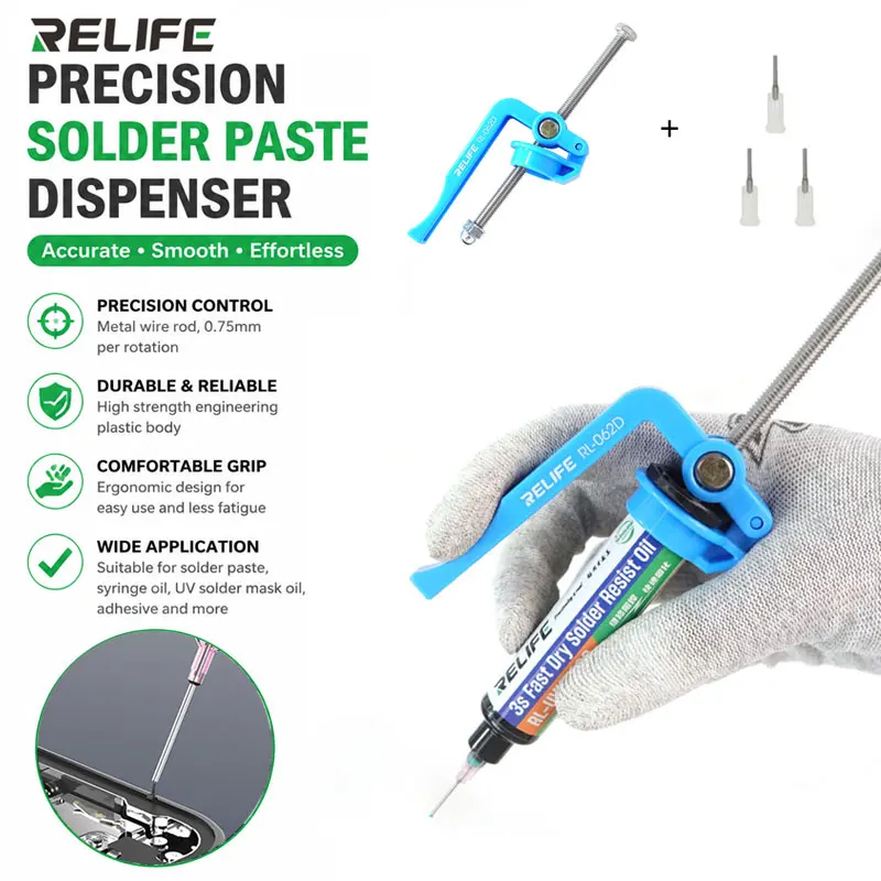 RELIFE RL-062D Arbeitssparender Lötpastenspender 5-10CC Spritze Klebstoffpistole für UV-Lötmaske Öl-Flussmittel Motherboard-Reparatur