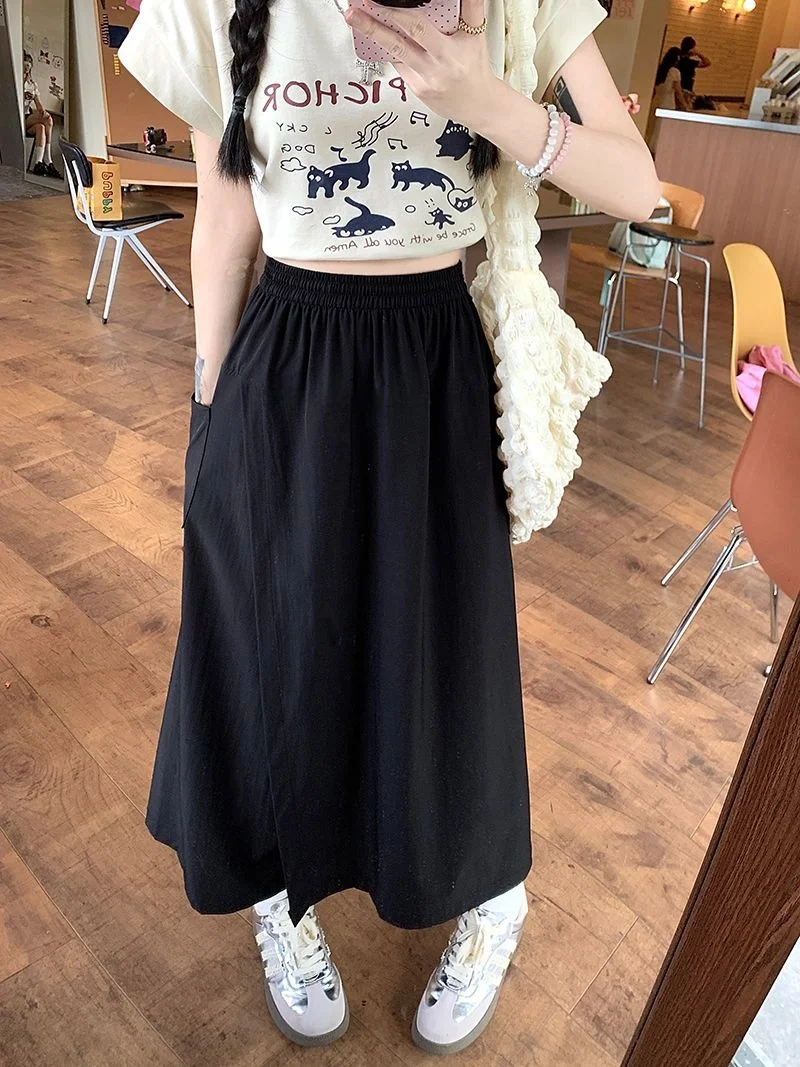 Princess Style A-Line Skirt High Waist Polyester Fiber Casual Loose Fit Seven-Foot Half Body Skirt for Pear Shaped Women