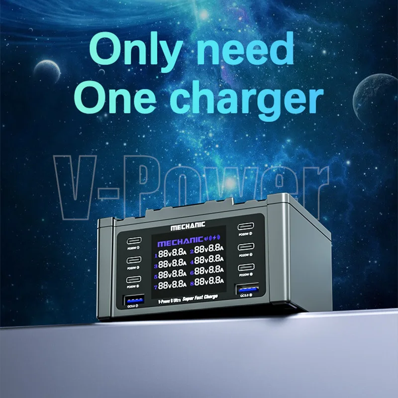 MECHANIC V-Power 8 Ultra 8 Max Desktop Fast Charging Source with Digital Display for Mobile Phone Pad Camera High Power Charger