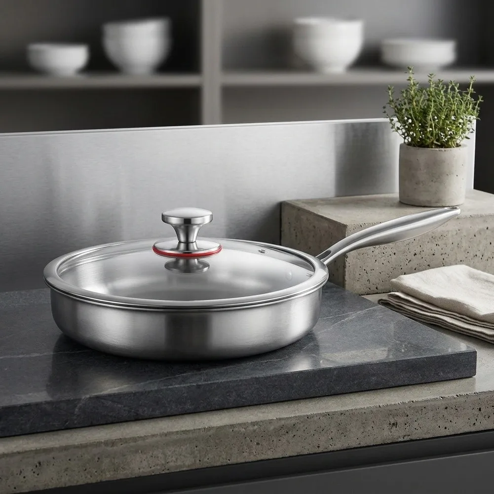 Stainless Steel 20cm Frying Pan with Lid Designed for Multi-Functional Use Including Frying Simmering and Braising
