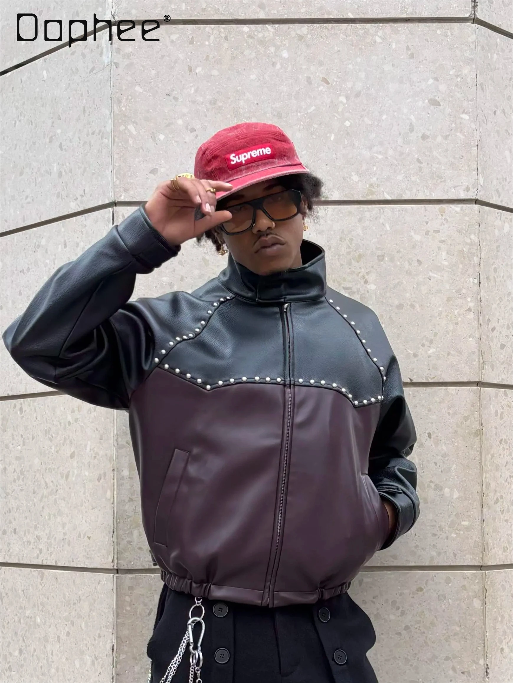 

American Retro Style Color Block Rivet Casual Leather Jacket Men and Women Heavy Craft Trendy Turn-down Collar Loose Mens Jacket