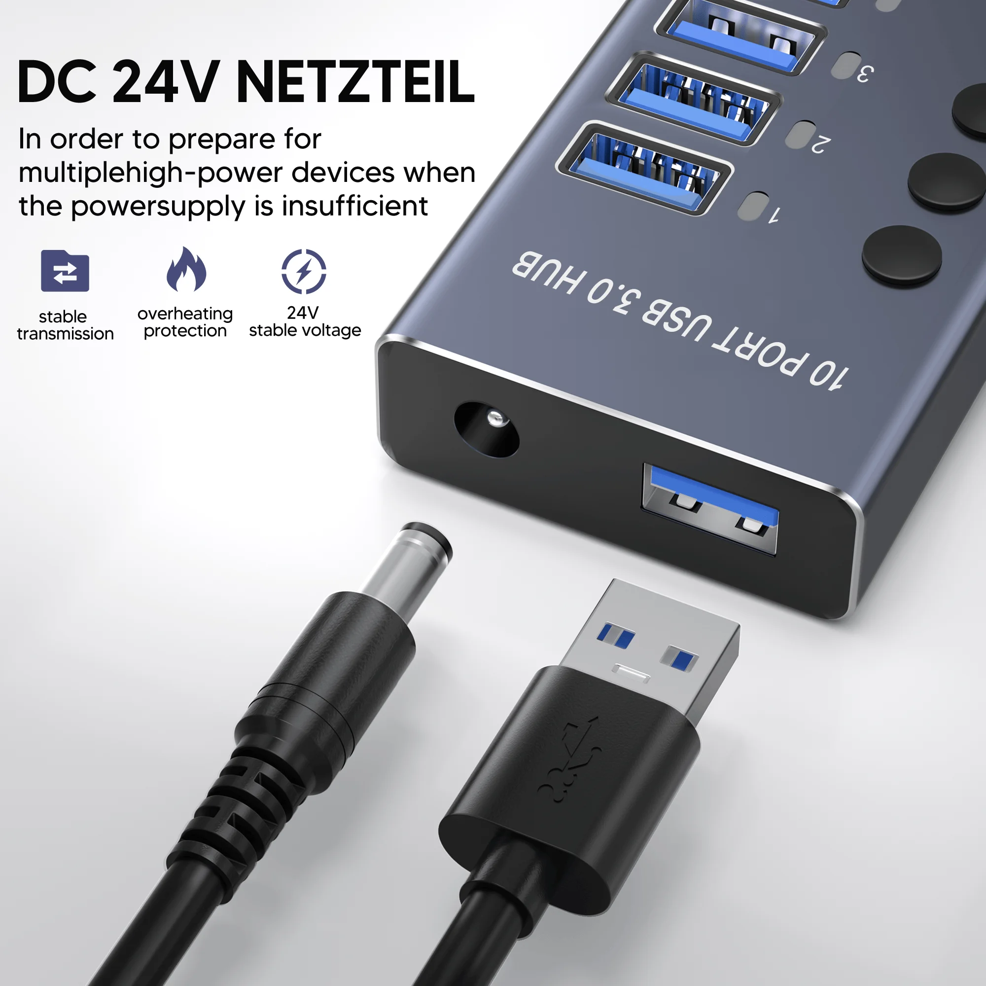 شاحن متعدد المنافذ ذو 10 منافذ مع محطة إرساء USB 3.0 HUB من النوع C جهاز شحن محور الكمبيوتر لأجهزة USB-C