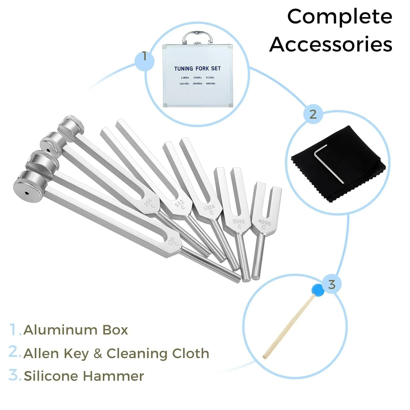 1set DNA Repair Tuning Fork 128,256,512,1024,2048,4096hz for Healing Sound Therapy Meditation with Aluminium Box,Silicone Hammer