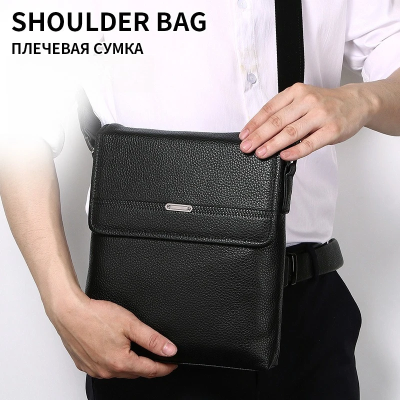 Men's genuine leather hand-held crossbody bag, square, lightweight, flip-top high-end travel and business single-shoulder bag