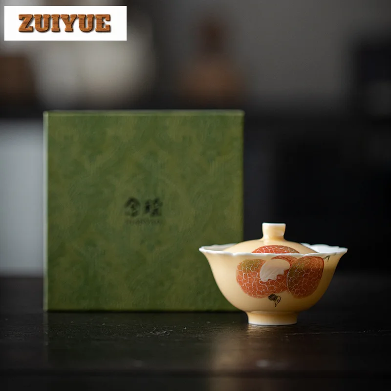 120ml Apricot Yellow Cover Bowl Hand Painted Lychee Bowl Anti Scald Gaiwan Elegant Tea Tureen Tea Cup Chinese Tea Set Ornaments