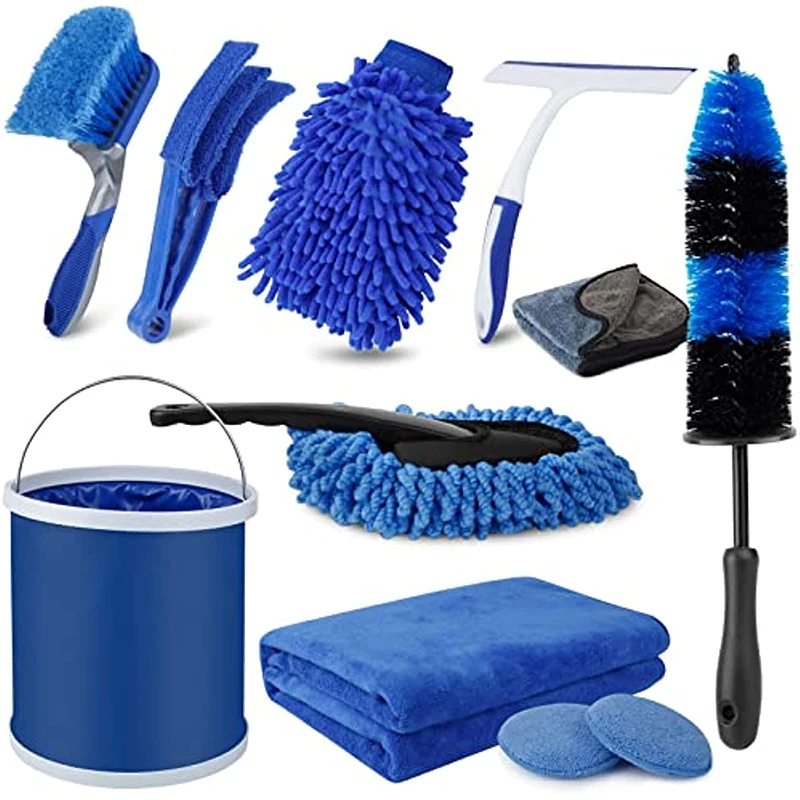 

Car Wash Kit with Bucket Car Detailing Cleaning Set Wash Mitt Sponge Towels Tire Brush Window Scraper Duster Interior Care Kit