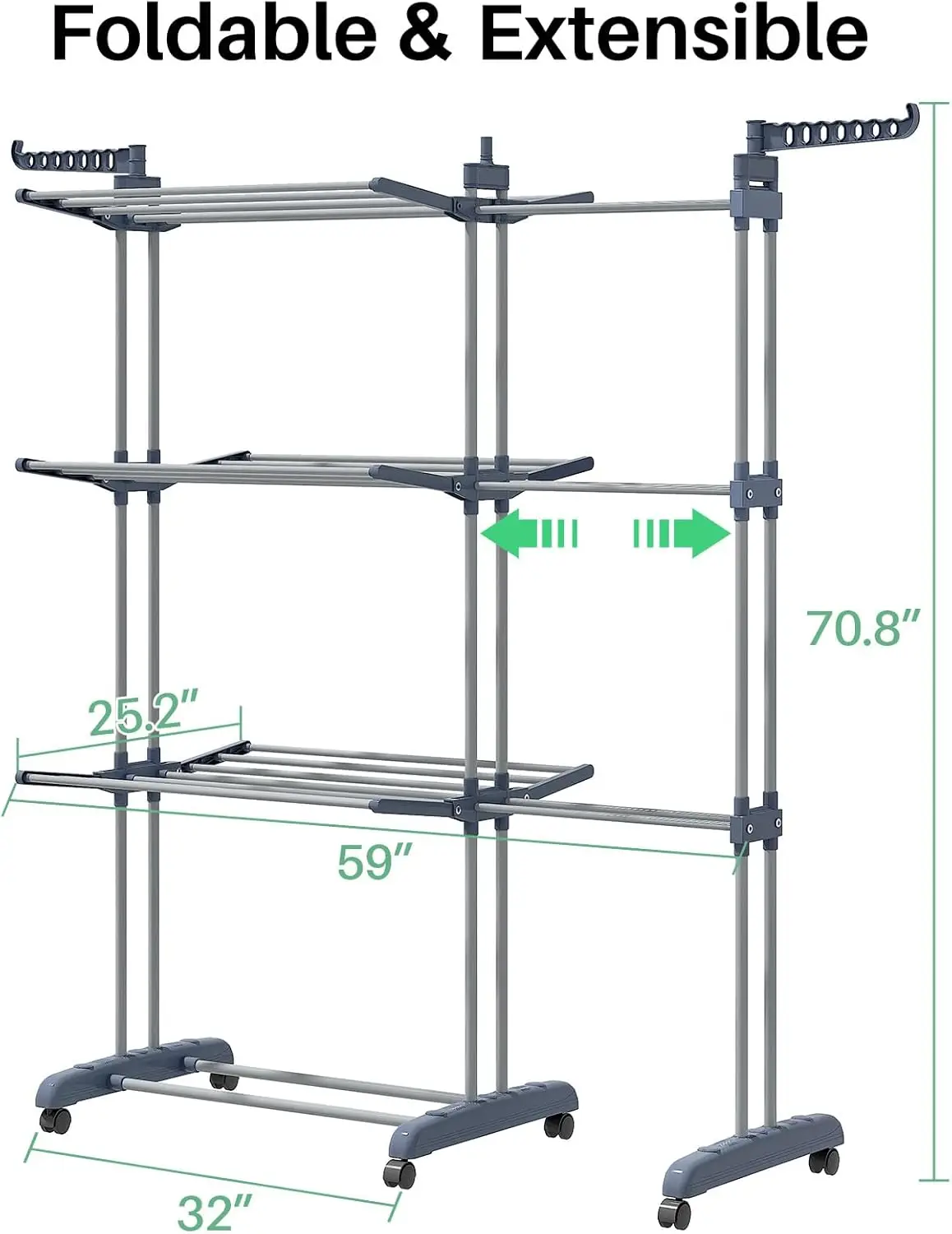 Foldable Drying Rack Clothing 30.0"W to 59.0"W Extensible Laundry Racks for Drying Clothes Oversized 4-Tier Stainless Steel