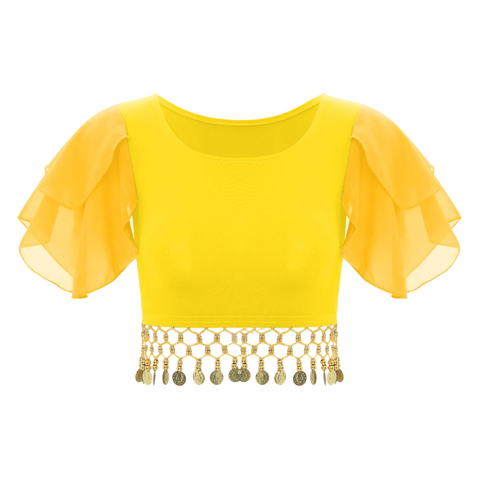 Womens Indian Belly Dance Ethnic Dance Performance Costume Crop Top Tiered Lotus Sleeve Tassel Pullover Blouses Crop T-shirt