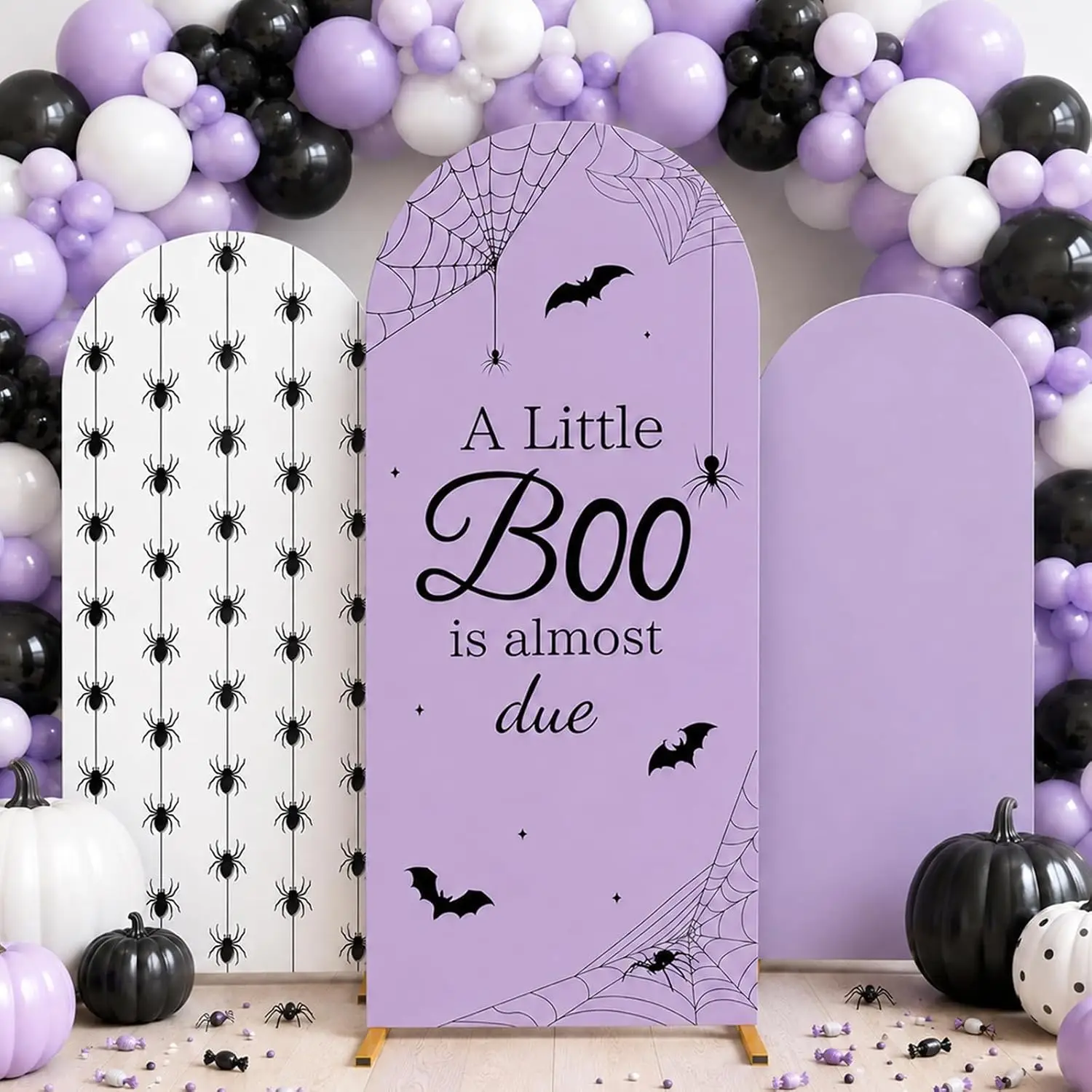 2-sided Halloween Baby Shower Background A Little Boo is Almost Due Arch Backdrop Cover Purple Spider Bat Gender Reveal Party