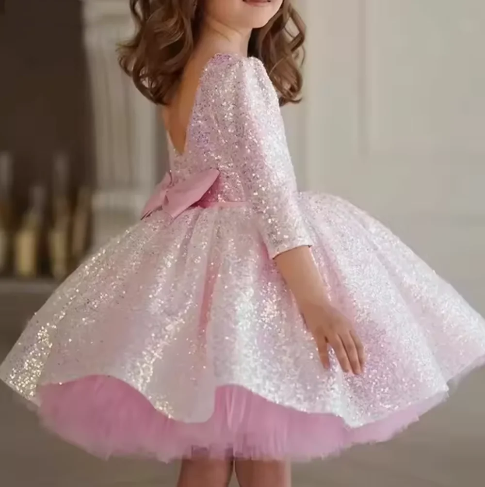 Robe de soirée rose scintillante pour petites filles, vêtements bouffants en Tulle pour filles, vêtements Eid, robes pour Occasions spéciales, fleur, nouvelle collection 2025
