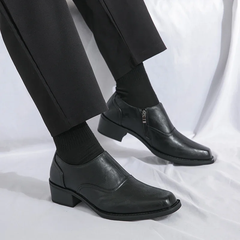 Men Platform Zip High Heel Leather Shoes Comfortable Height Increase Formal Dress Office Dance Shoes Men Wedding Groom Shoes