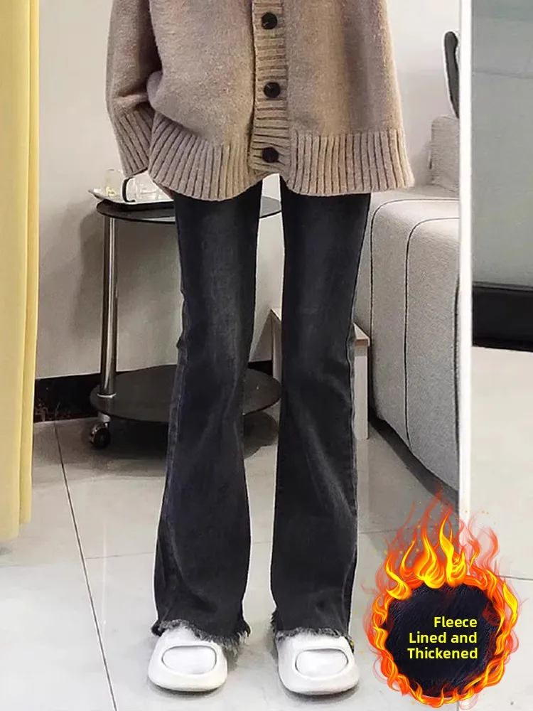 Pantalones vaqueros acampanados con forro de Fce de cintura alta para mujer, pantalones con pezuña elástica, adelgazantes, de talla grande, Color profundo, otoño