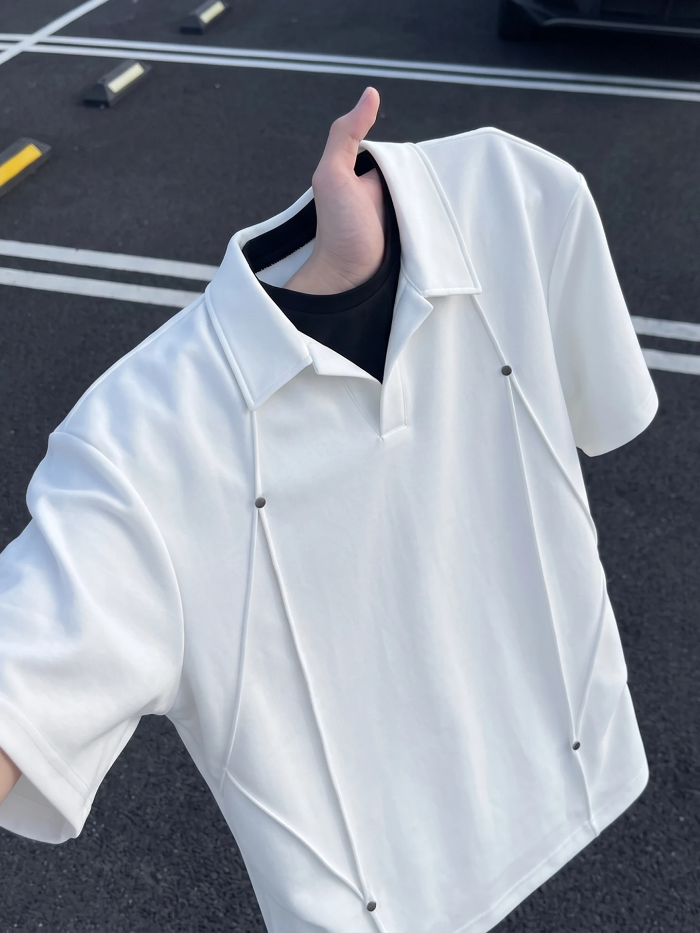 White Men's Short Sleeve  Shirt Seagull Collar Rivet Deconstructed Design Summer Trendy Brand Shoulder Width T-Shirt