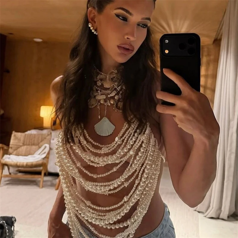 Damen Crop Top Mehrschichtige Perlen-Körperkette Halter Bikini Cover-Up Strand Nachtclub Party Schmuck Rave Festival Kleidung – Detail 2