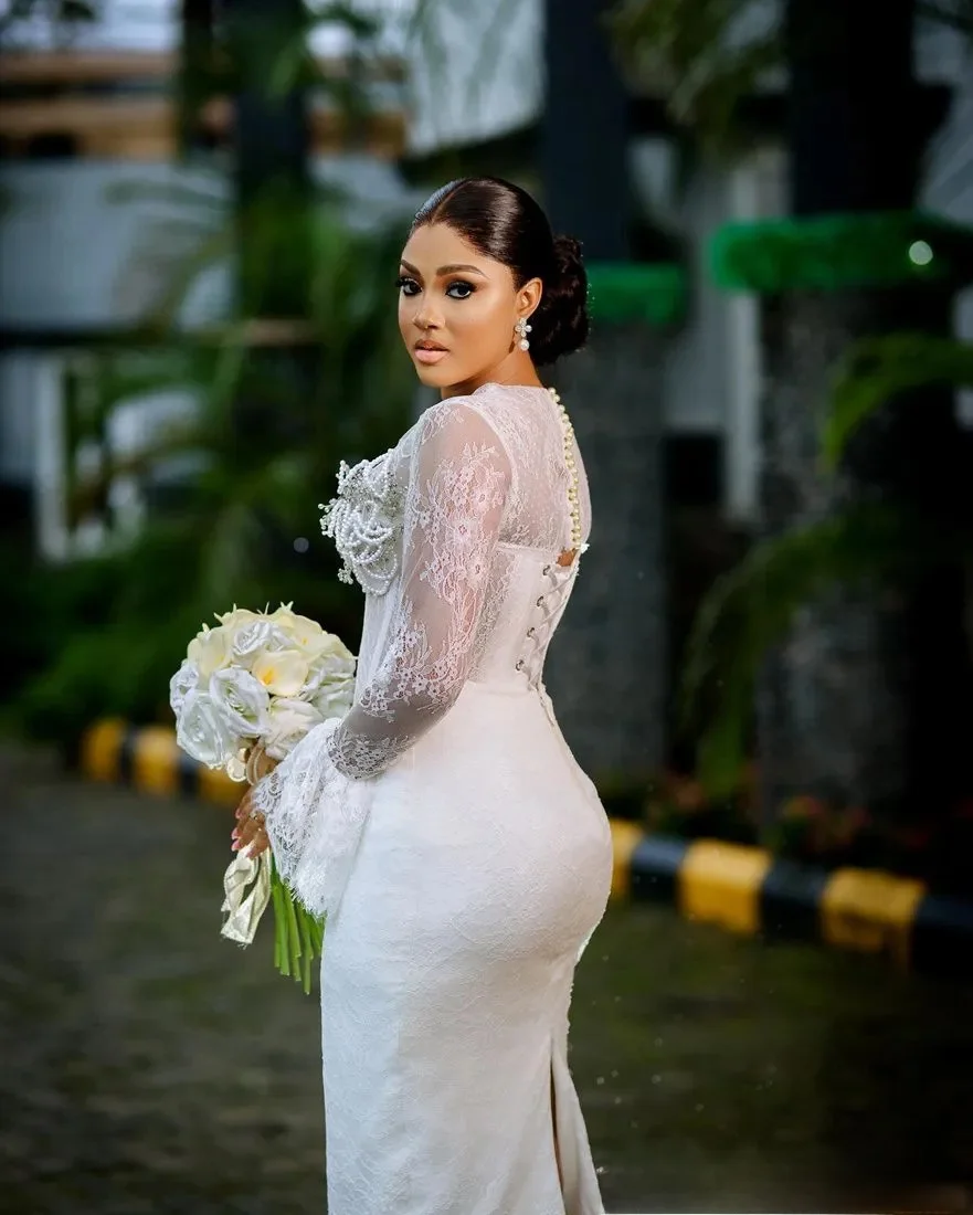 Customized Mermaid Wedding Dresses Bridal Gowns Short Wedding Gowns Long Sleeves Beaded Lace Pearls Decorated Birdal