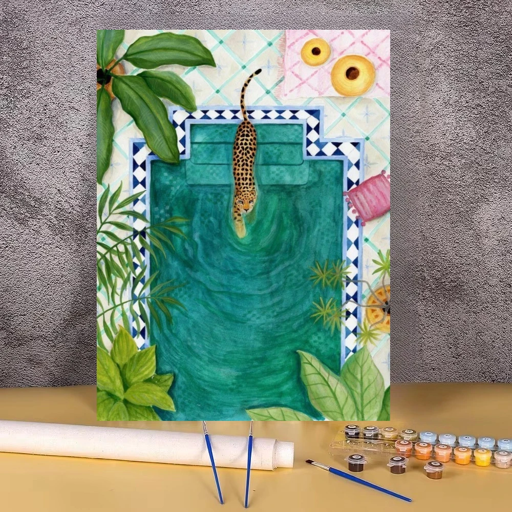 Leopard Swimming In Turquoise Pool Oil Painting By Numbers Wall Decor for Living Room Bedroom Home Decor Gift No Frame