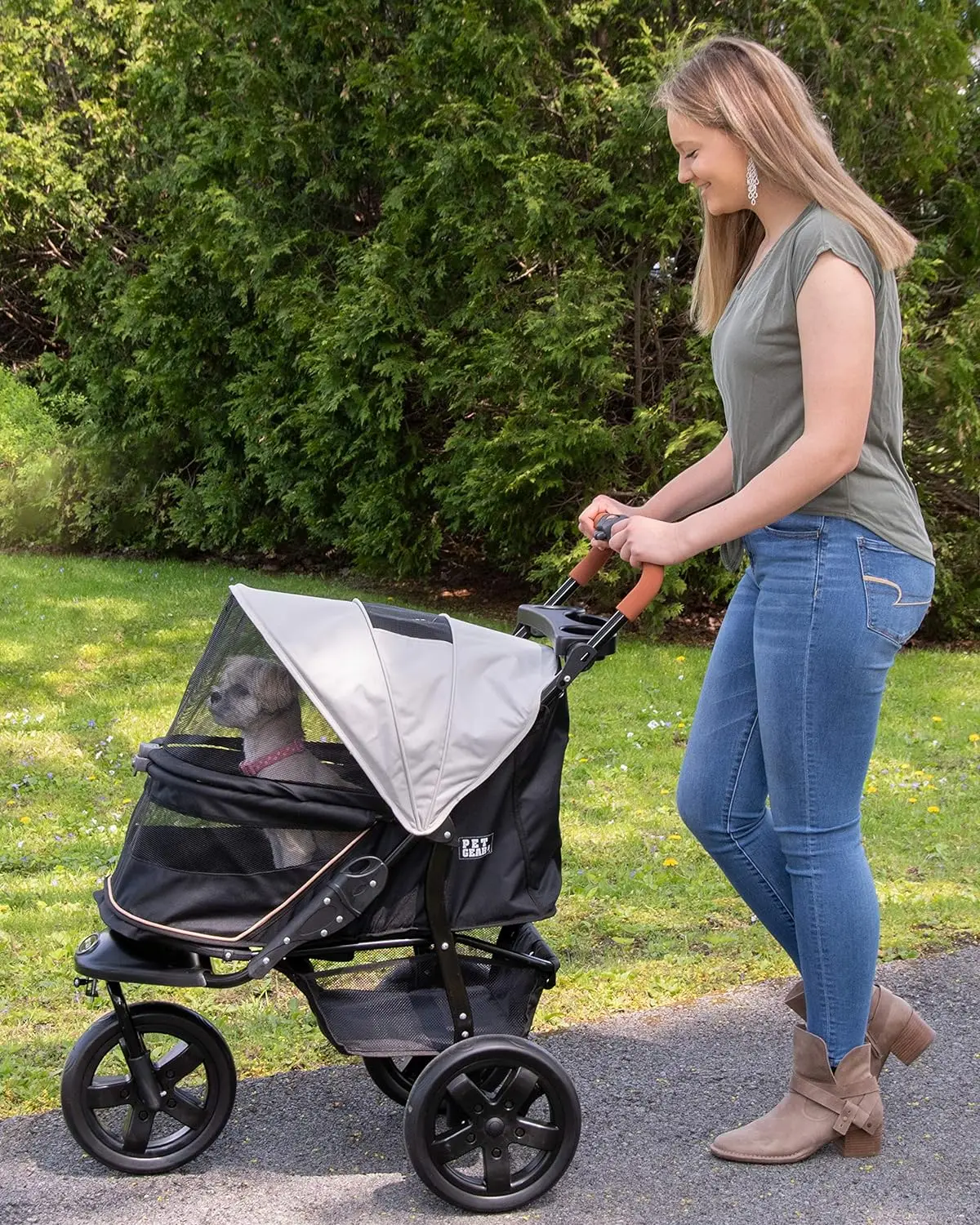 Haustier ausrüstung ohne Reiß verschluss at3 Kinderwagen für Katzen/Hunde, Reiß verschluss, einfache Einhand falte, Jogging reifen, abnehmbarer Liner, Getränke halter