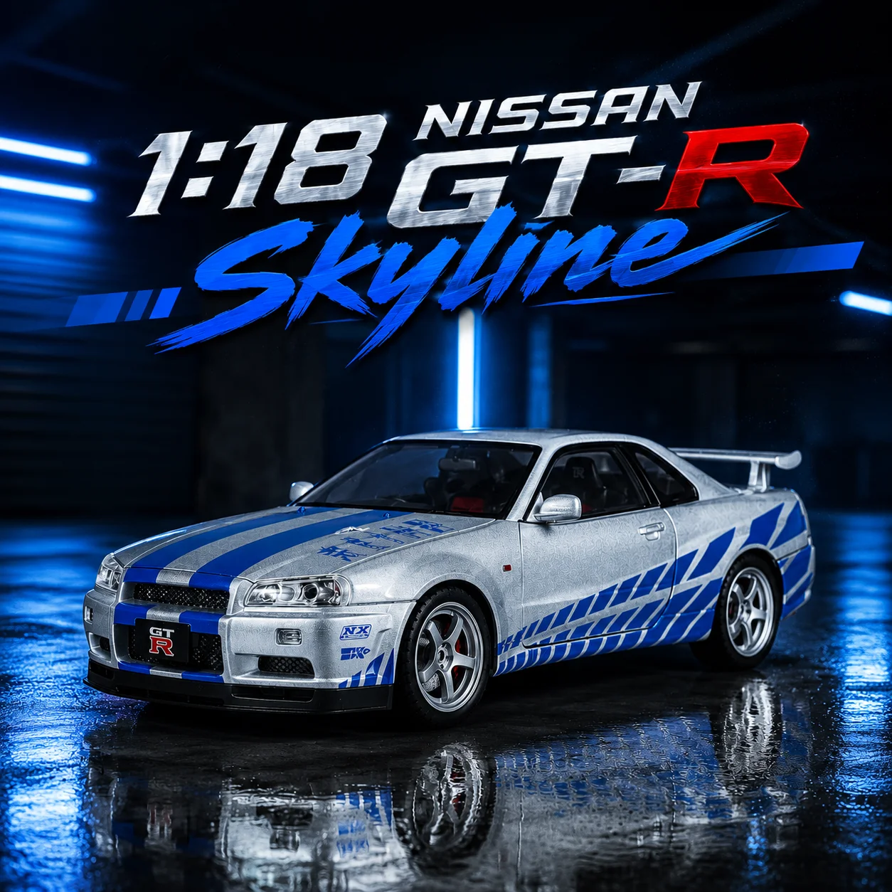

1/18 Nissan GT-R R34 Skyline Toy Car Model Diecast JKM Miniature Pull Back Sound Light Collection Gift For Boy Children Kid