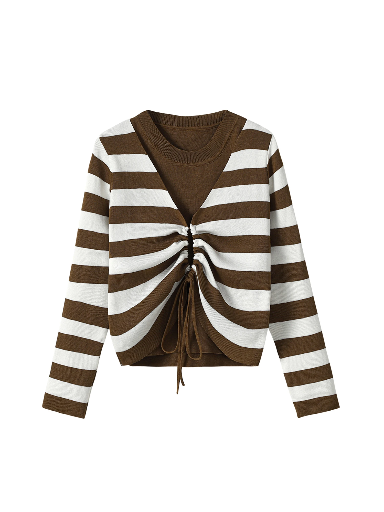 المرأة البني محبوك تي شيرت Y2k Gyaru المحملة الأعلى خمر 90s الجمالية طويلة الأكمام مخطط تريكو تي شيرت 2000s الملابس الخريف