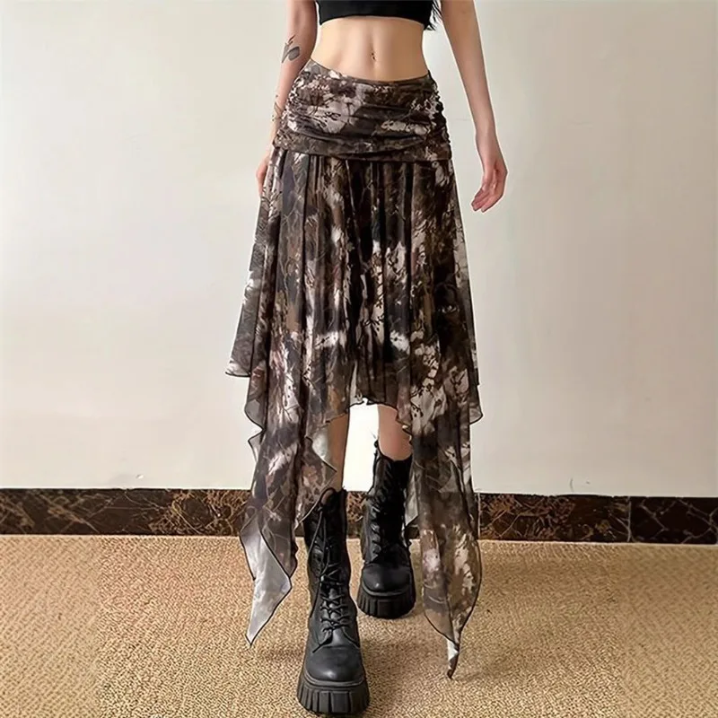 2026 New Women's Y2K Vintage Print Mesh Long Skirt Streetwear Elastic High Waist Ruched Asymmetrical Sheer Layered Gothic Skirts