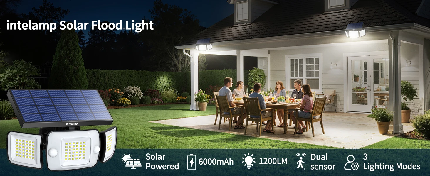 Intelamp Solarleuchte mit langer Batterielaufzeit (6000 mAh) für den Außenbereich, mit großem Solarpanel für schnelleres Aufladen, zwei Bewegungssensoren für längeren und breiteren Erfassungsbereich, geeignet für Garten, Hof und Garage. – Detail 2