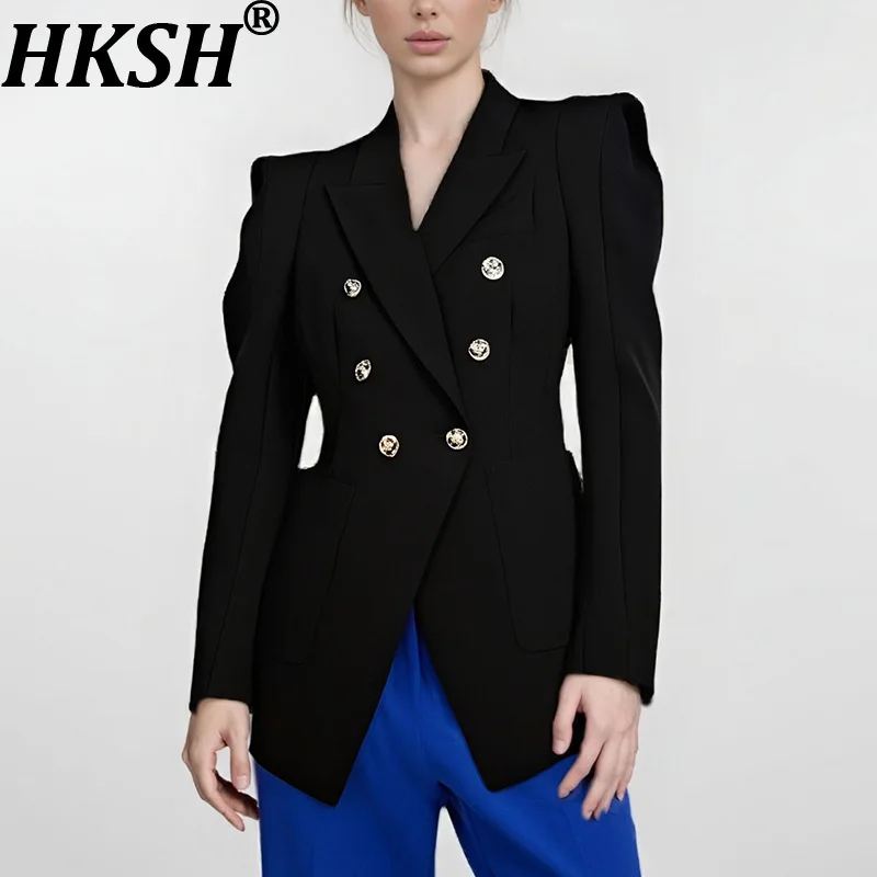 

HKSH 2025 Autumn New Women Blazer Notched Collar Double Breasted Slim Fit Buttoned Temperament Casual Office Lady Jacket HK12485