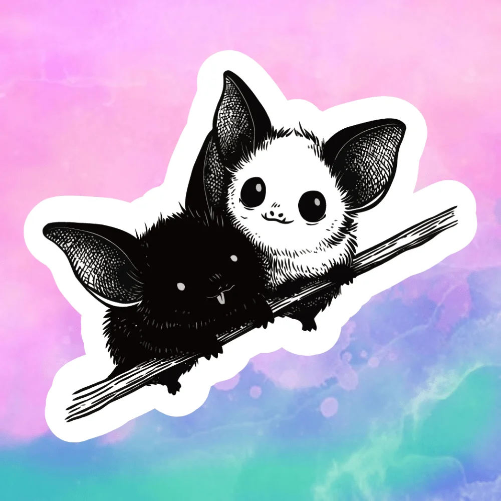 Black and white bats grabbing tree branches, creating a gentle contrast, and 