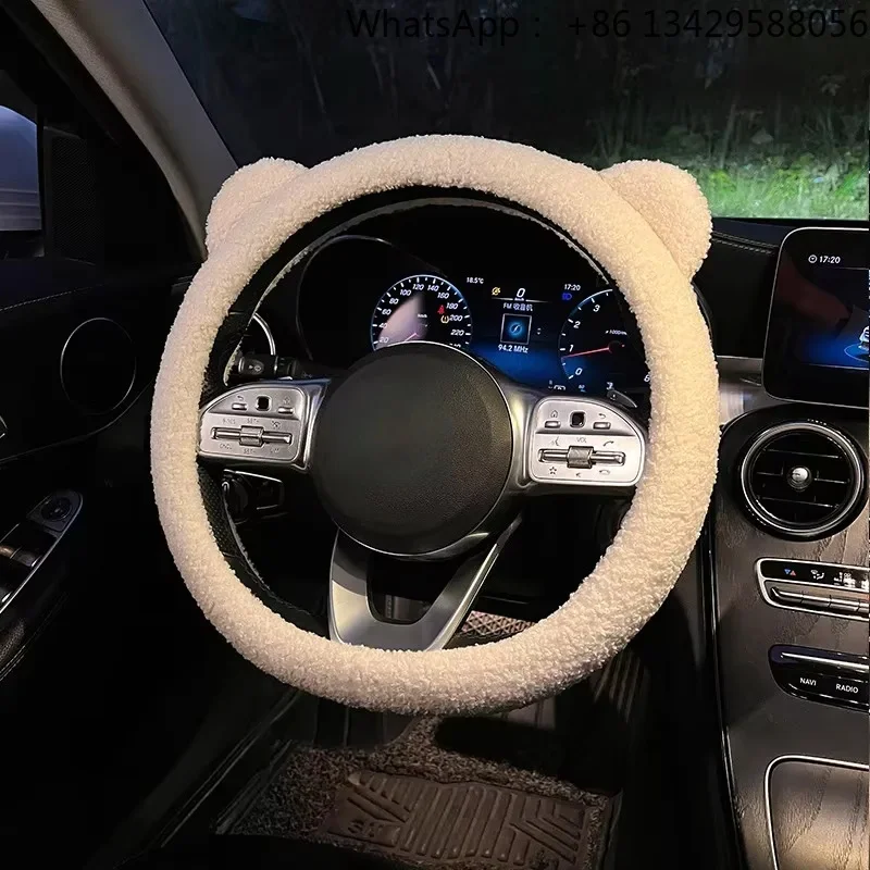 Custom New Winter Warm Soft Plush Cartoon Bear Ears Car Interior Accessories 38cm Car Steering Wheel Cover Handle Cover