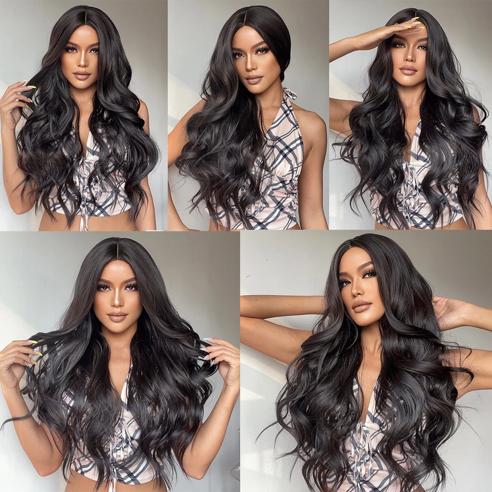 EASIHAIR Long Black Synthetic Wigs Middle Part for Black Women Wavy Cosplay Natural Hair Wigs Heat Resistant Fiber Wigs