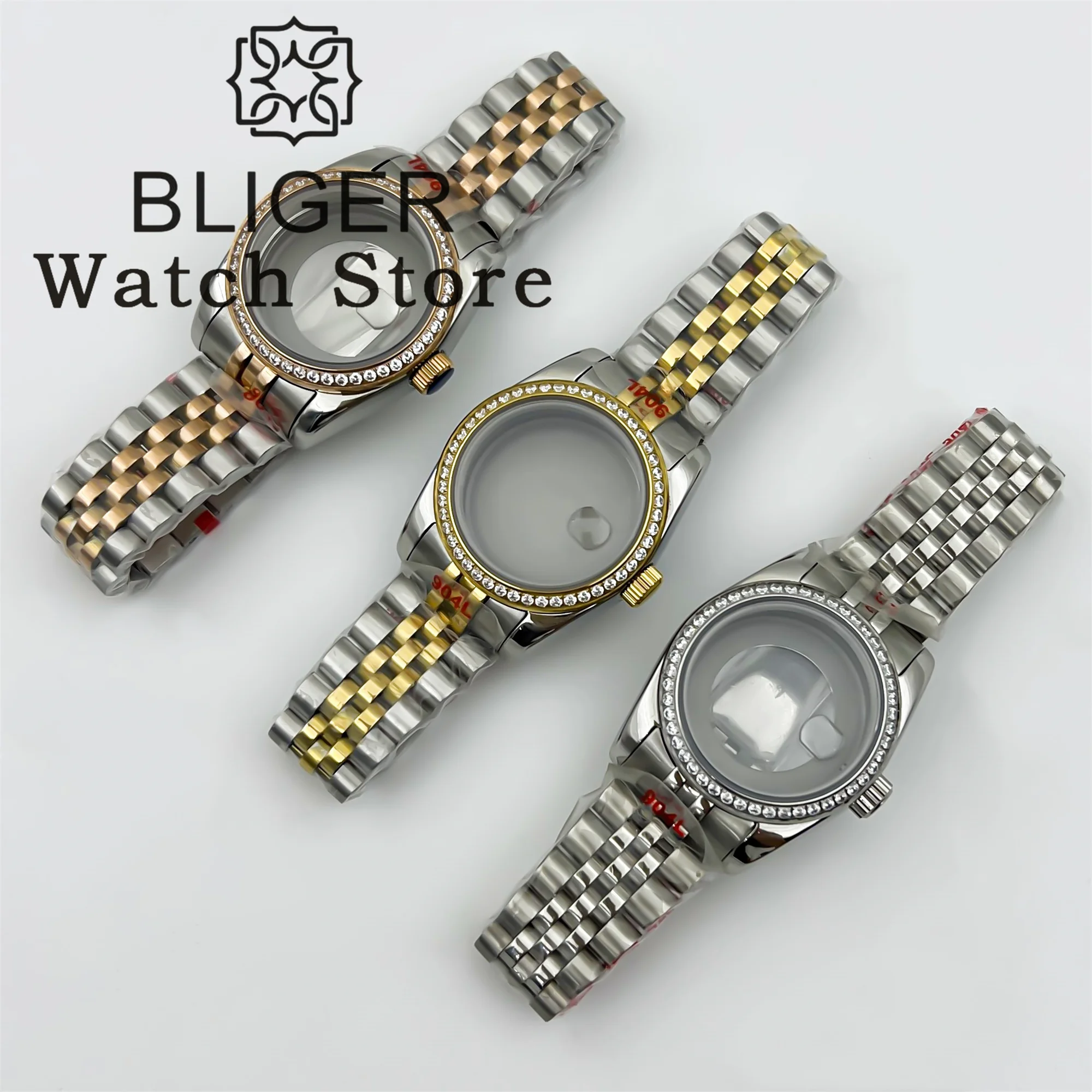 BLIGER 31mm Watch Case With Bracelet Silver Gold Silver Rose gold Case diamond Bezel Sapphire Glass Fit NH05 NH06 Movements