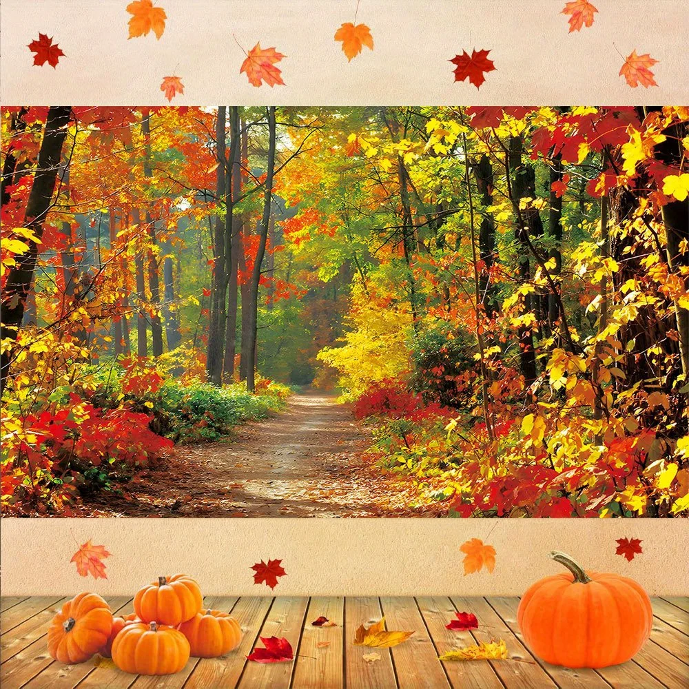 Fondo de fotografía de otoño de una pieza, decoración de patrón de camino de bosque de arce, mesa de pastel de cumpleaños, pancarta de cosecha de granja