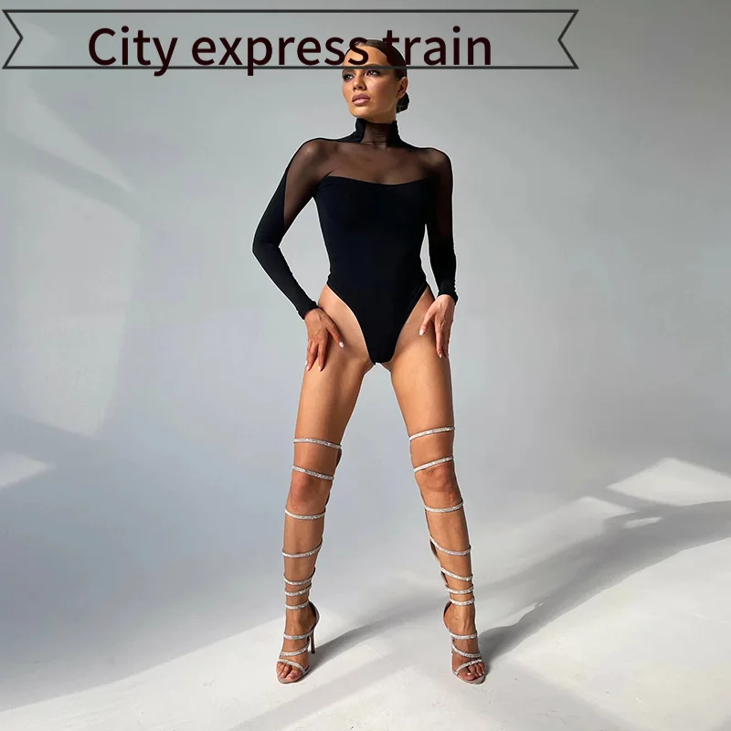 

Sexy Long Sve Me Splice High Waist Nine Points Pants Ultra Thin Polyester Fiber Par Slit Hollow Top Strap Slim Fit