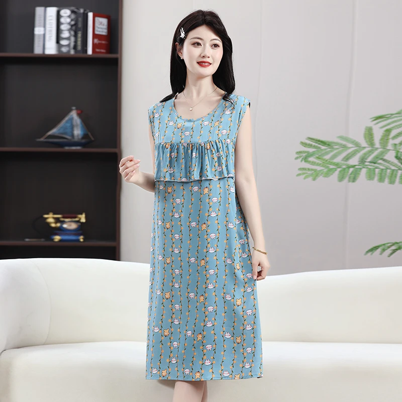 

Women's Svel Silk Cotton Dr Thin Loose Fro Summer Home Clothes Comfortable Breathable Print Design round Ne Over...