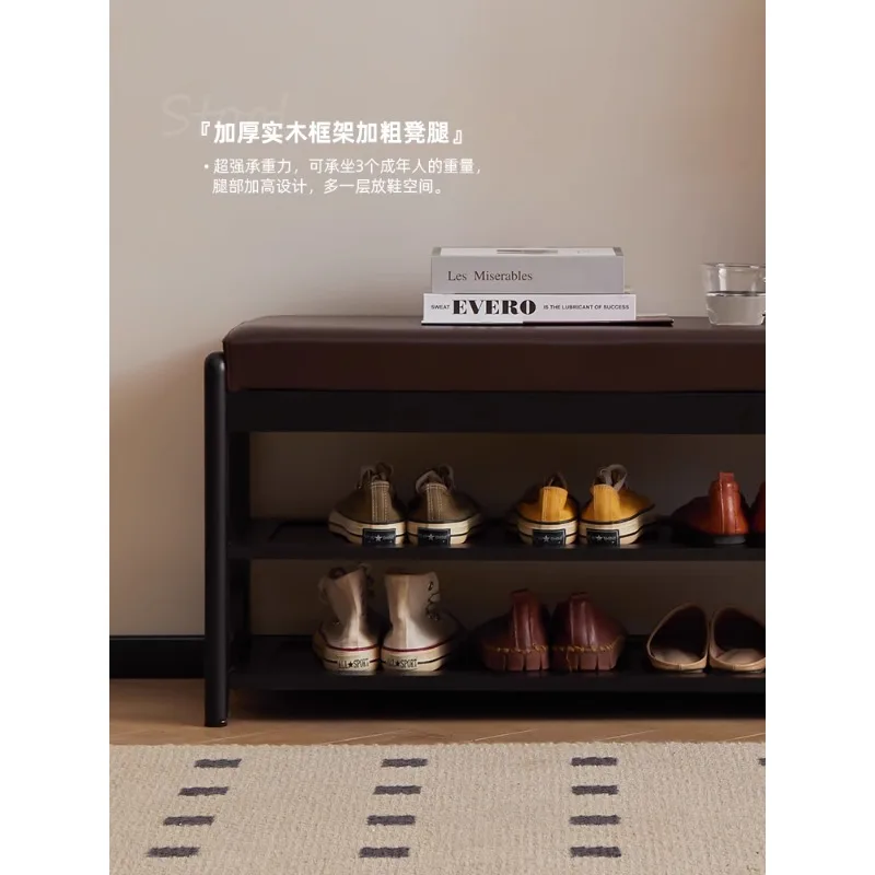 

Solid wood shoe change stool at the door, soft wrapped surface, sitting stool, entrance shoe rack, sitting shoe long stool