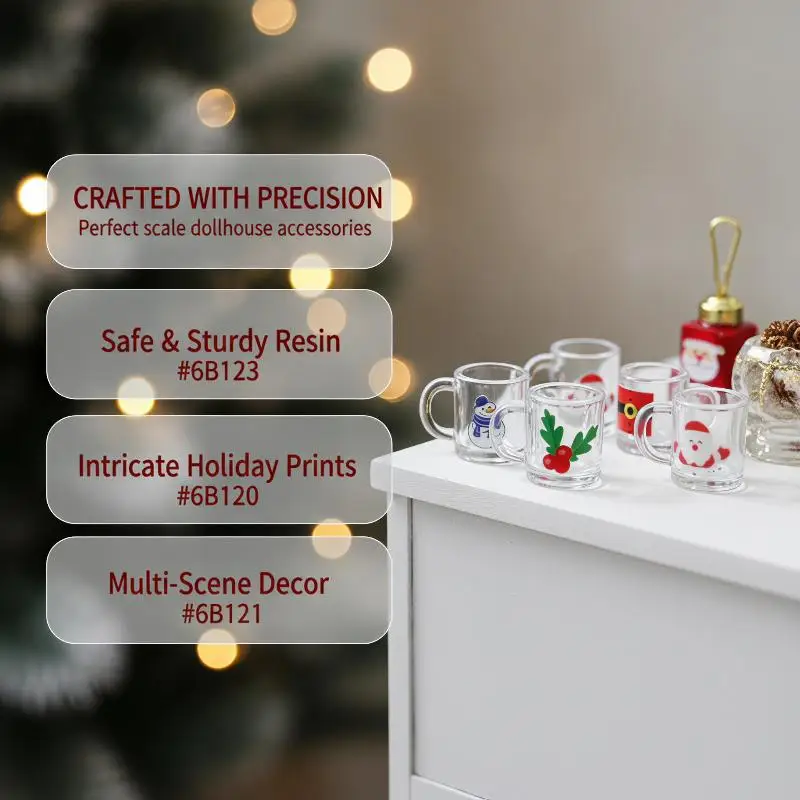 Dollhouse Miniature Christmas Cups 10Pcs Cute Santa Snowman Pattern Small Handle Mugs for Collectible Doll Accessories