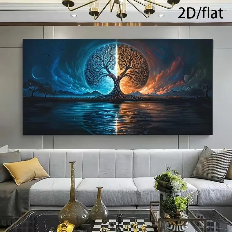 (1PC Unframe)2D/flat 1pc 27.55inch*55.11inch/70cm*140cm Frameless Modern Yin Yang Balance Tree of Life Canvas Painting Art for L