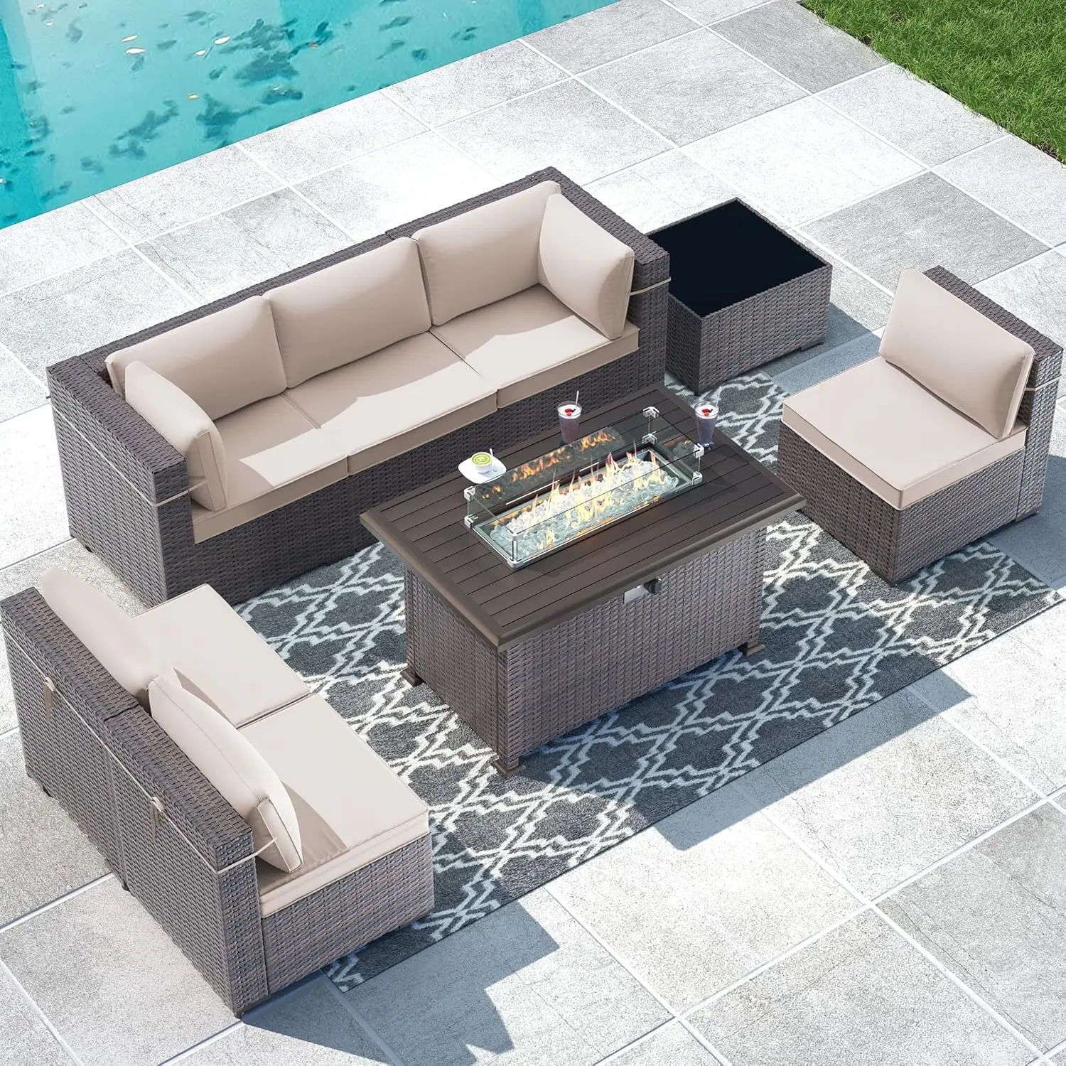 

Piece Outdoor Sectional Sofa Set with 43in Gas Fire Table, 55,000 BTU Auto-Ignition Firepit w/Glass Wind Guard