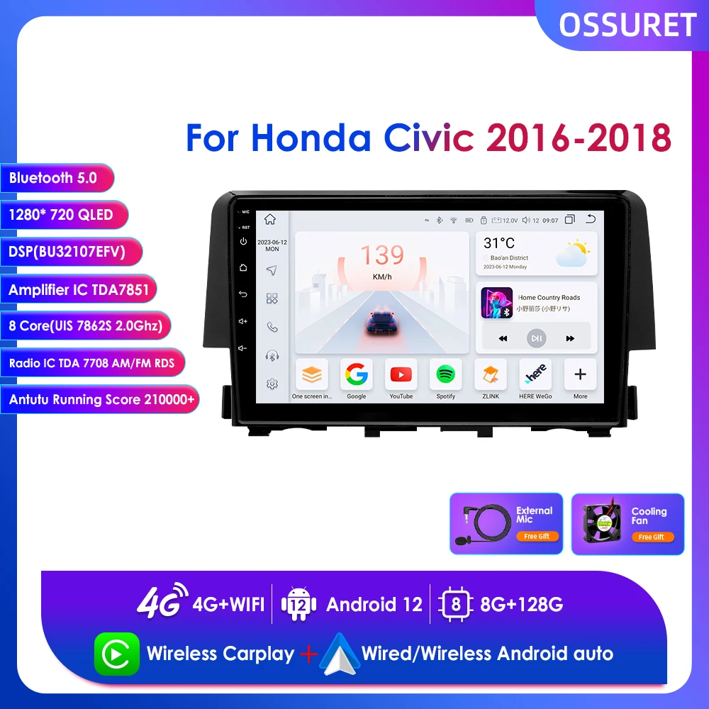 9 "tela qled sem fio carplay estéreo navegação gps para honda civic 10th 2016-2021 android rádio do carro reprodutor multimídia bt rds