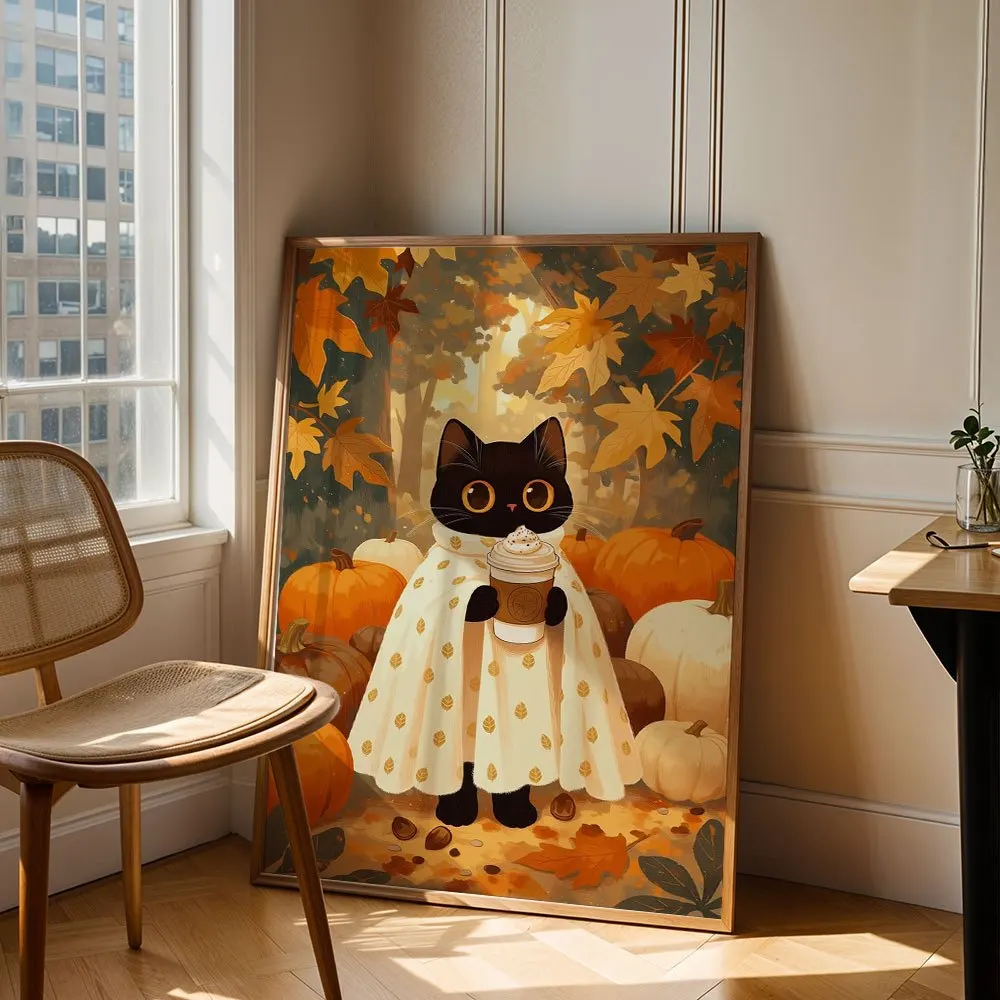 1PC Autumn Black Cat Pumpkin Coffee Canvas Poster Wall Art,2D Print Wall Decor,Aesthetic Gift For Living Room & Bedroom
