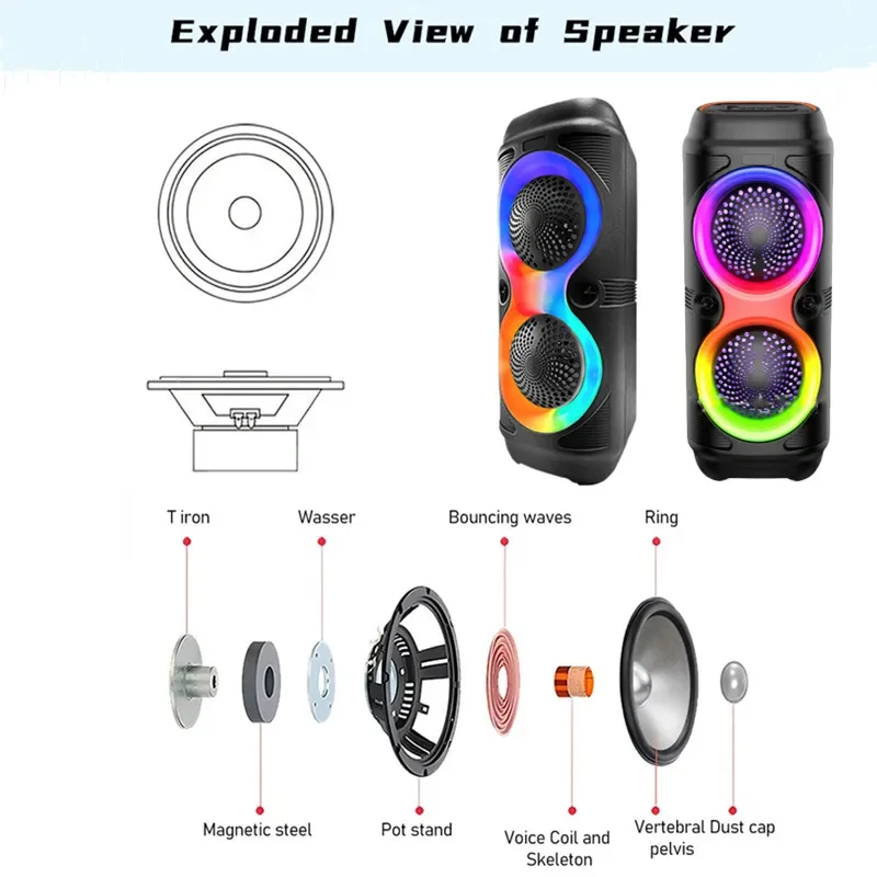 Altoparlanti Bluetooth Wireless Partybox per Karaoke domestico ad alta potenza Outdooor Subwoofer per bassi pesanti Sound box portatile luci RGB FM/TWS