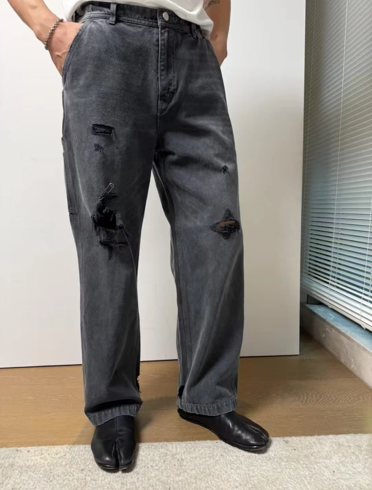 

Depressed Rich Second Generation Wide Leg Jeans Distressed Washed Denim Pants Button Fly Loose Fit Youth Casual Jeans