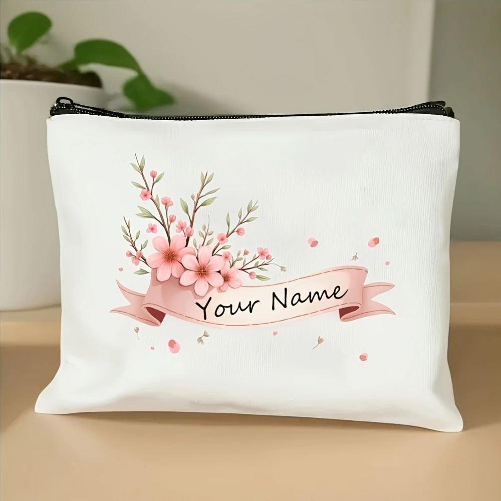 Personalized Custom Name/Text Floral Makeup Bag - Large Portable Organizer Suitable for Women & Men, Gift with Name, Storage