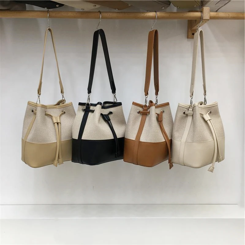 

Fashion Patchwork Women Bucket Bags Contrast Color String Single Shoulder Bags Large Capacity Female Casual Crossbody Packs