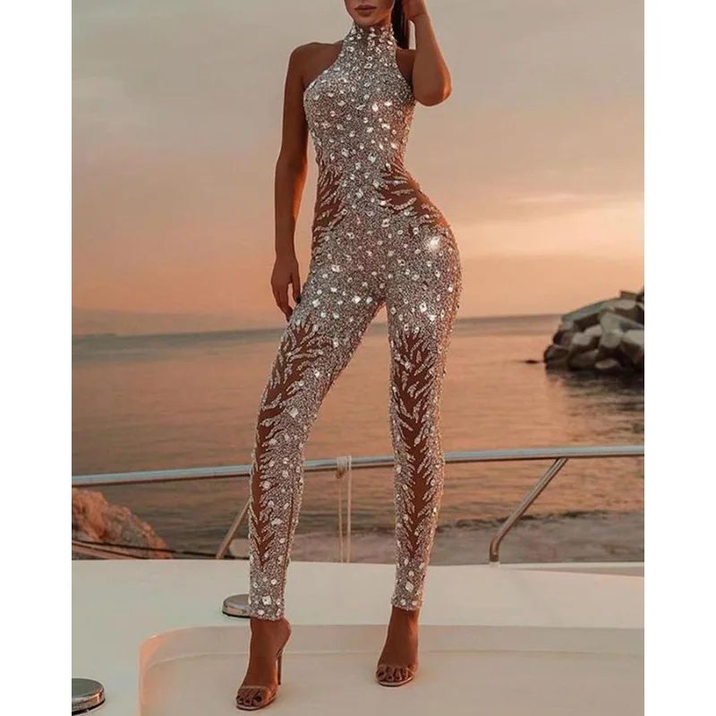 2025 Winter Women Gold Speckled Sleeveless Jumpsuit Long Pant Romper Sexy Elegant One Piece Outfit for Party Night Out Occasion