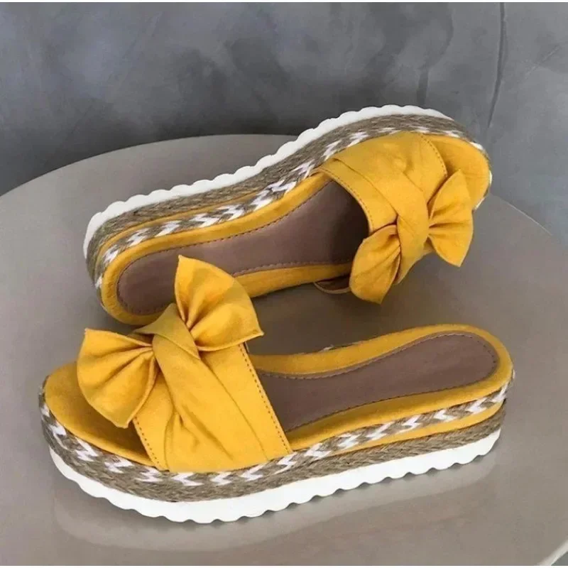 

Heel Women's Slippers with Wedges Shoes for Women Bow-knot Slippers Woman Open Toe Braided Straps Sandals Shoes Pantuflas Mujer