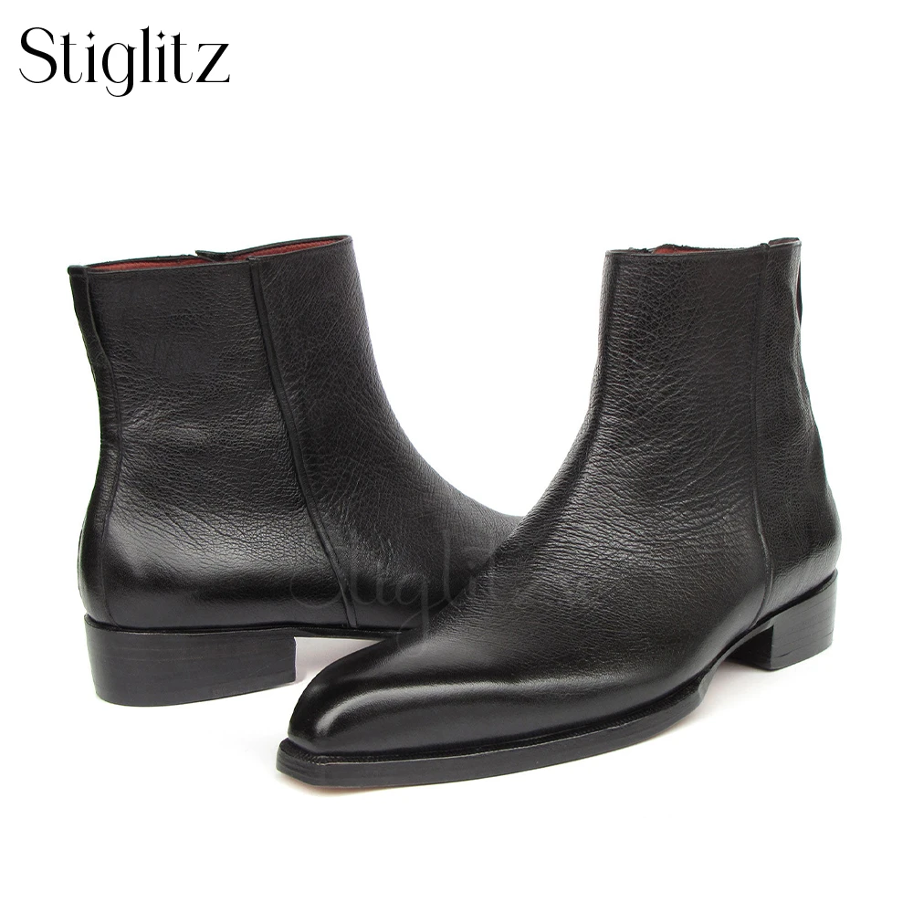 Black Leather Side Zipper Boots Classic Concise Style Ankle Boots for Men Genuine Leather Handmade Shoes for Wedding and Parties