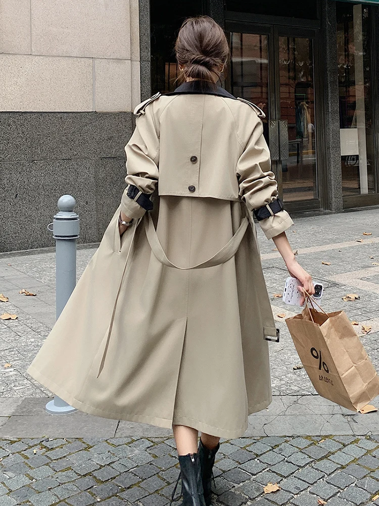 LANMREM Color Block Trench Coat For Women Lapel Double Breasted Fashion Windbreaker Female Streetwear Coat 2024 Autumn 2DA3945