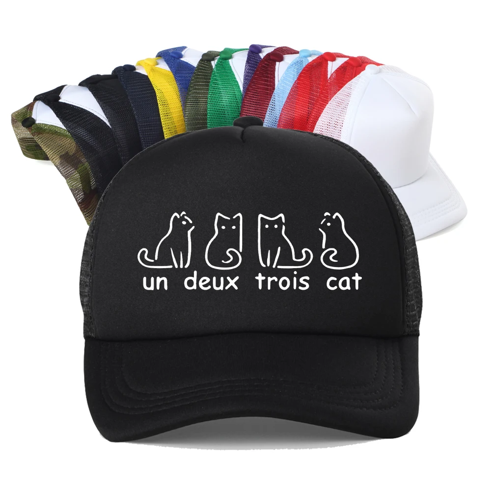 

Un Deux Trois Cat French Cats Print Funny Graphic Baseball Cap Women Summer Casual Mesh Trucker Hat