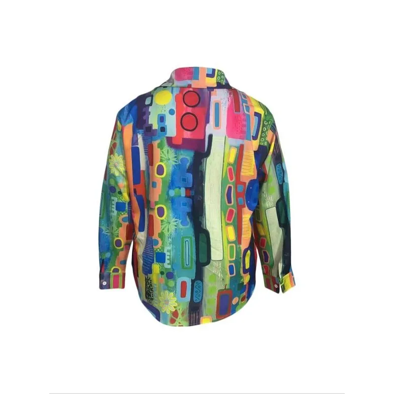 Camisas femininas plus size 1XL-5XL com gráfico geométrico elegante casual camisa de manga comprida tops