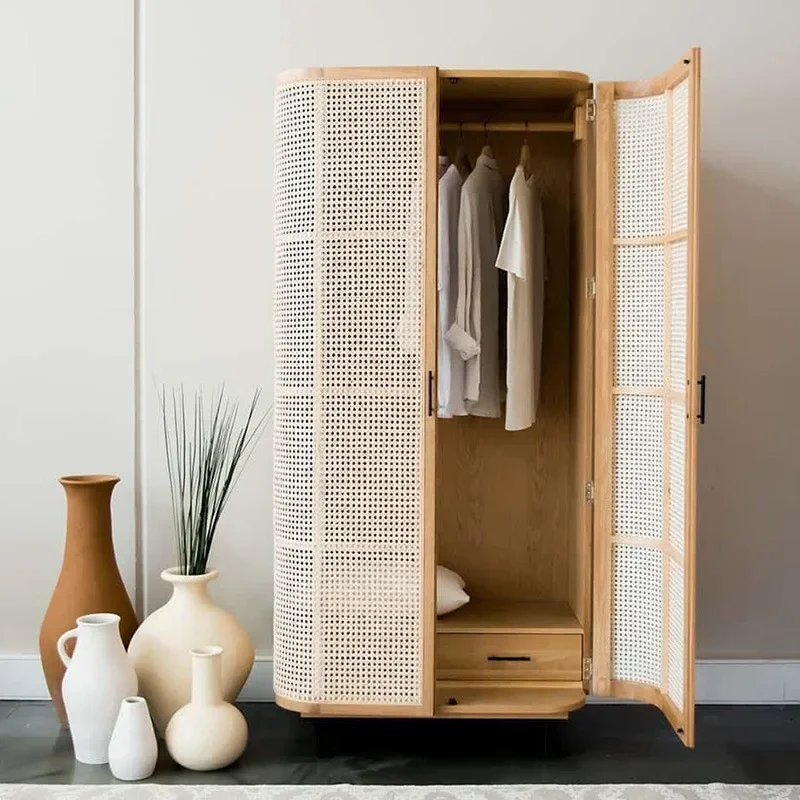 Nordic solid wood rattan wardrobe home bedroom retro storage cabinet designer ash wood double door floor-to-ceiling wardrobe